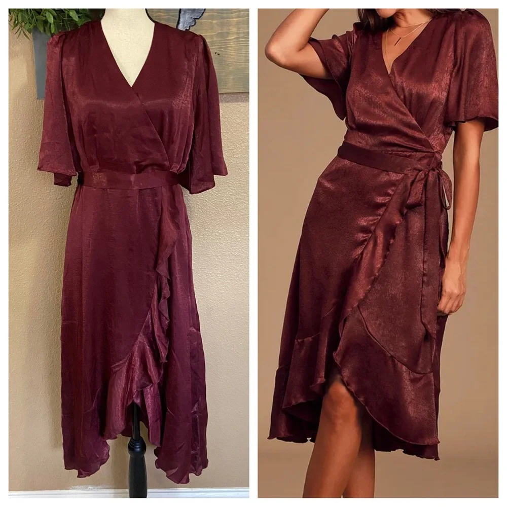 NWOT Lulus Wrapped Up In Love Burgundy Satin Faux-Wrap Midi Dress